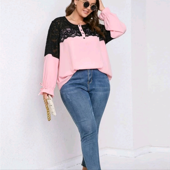 SHEIN Blush Pink & Black Contrast Eyelet Lace Flounce Sleeve Blouse Size 3XL - Picture 5 of 15